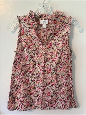 LOFT Petites Pink Multicolor Floral Ruffle V-Neck Sleeveless Top